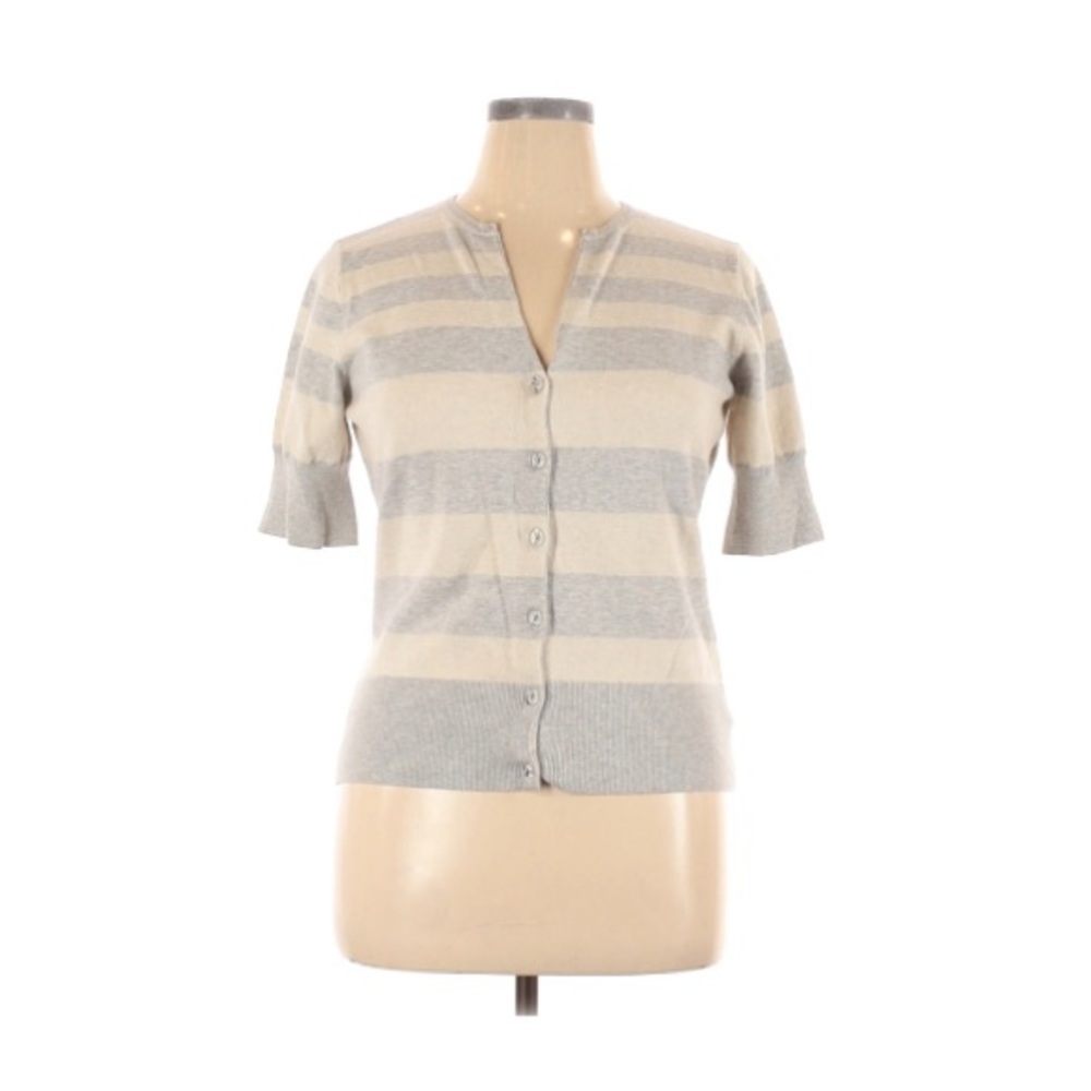 Kersh | Button Up Short Sleeve Stripped Top XL Gray Cream Color Vintage
